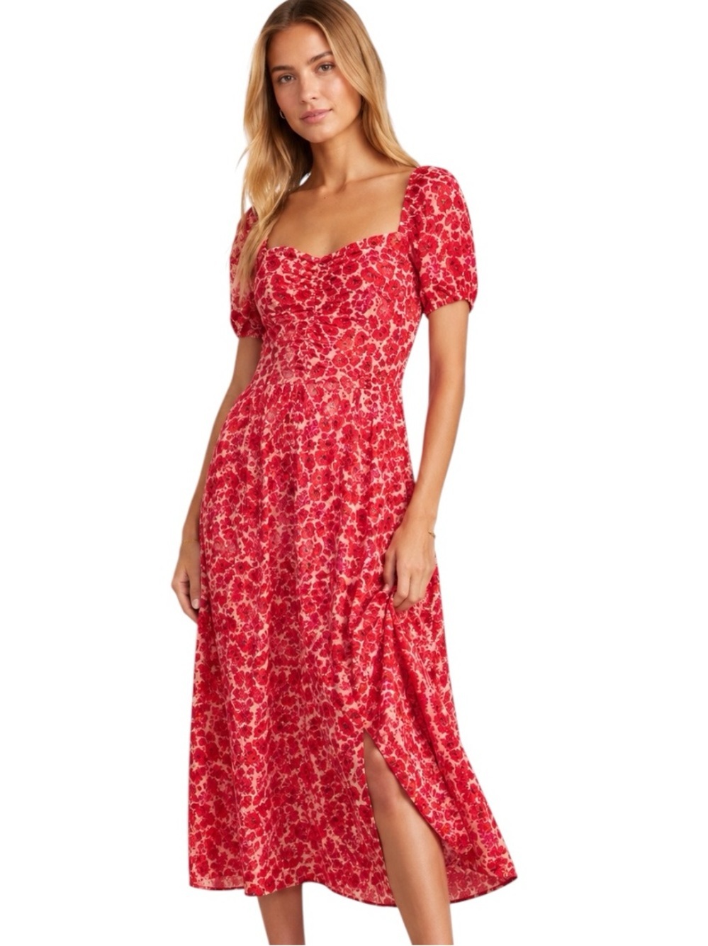 & Other Stories Ruched Front Floral Midi Dress Red Size 2